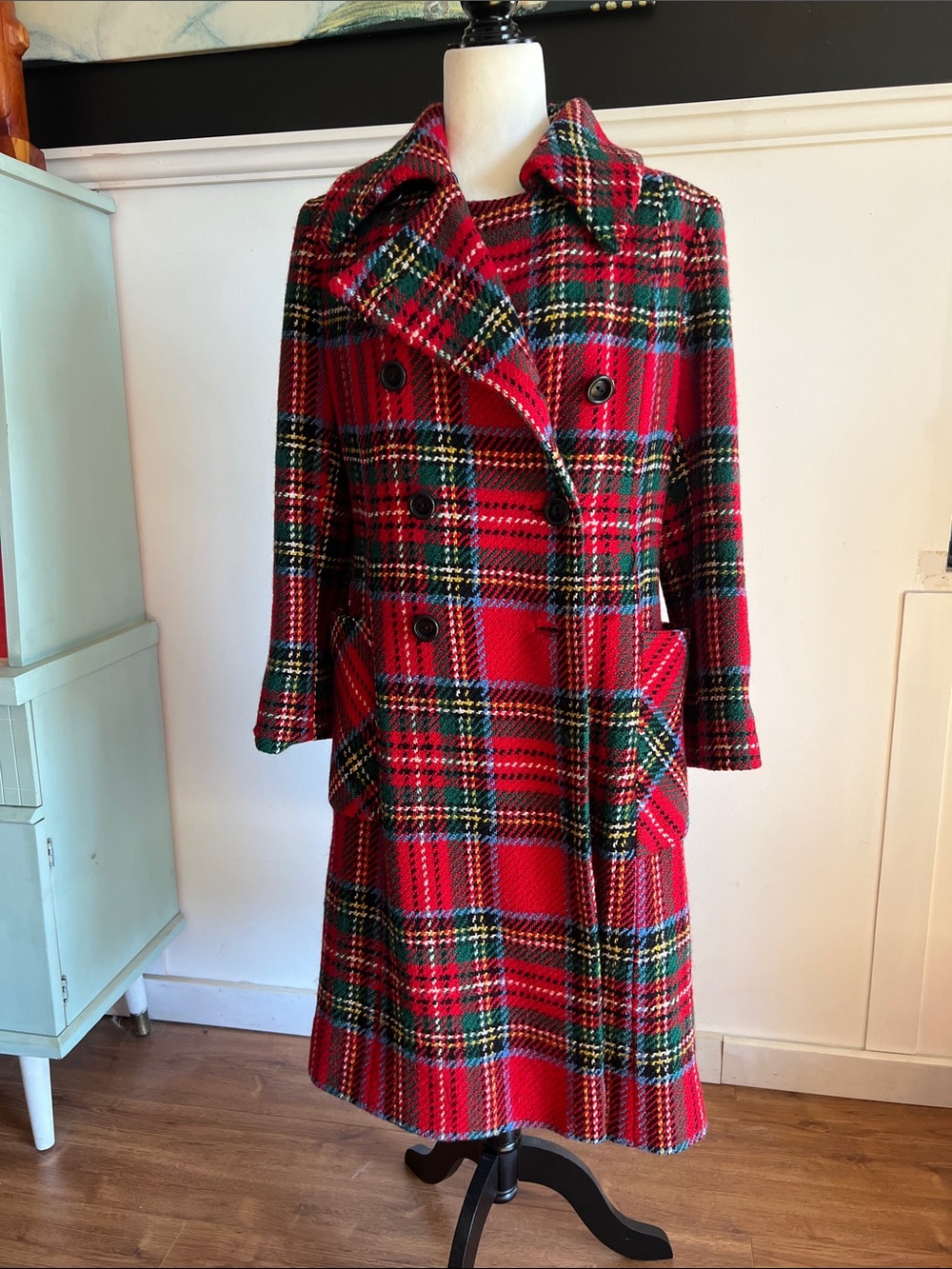Vintage Red Plaid Double-Breasted Warm Irish Wool Coat - Picture 1 of 15
